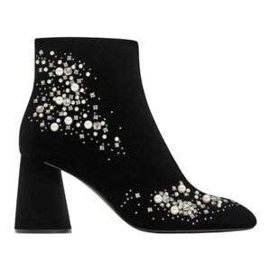 Zara Velvet Embellished Pearl Rhinestone Quiet Luxury Zip Up Ankle Bootie Size 6